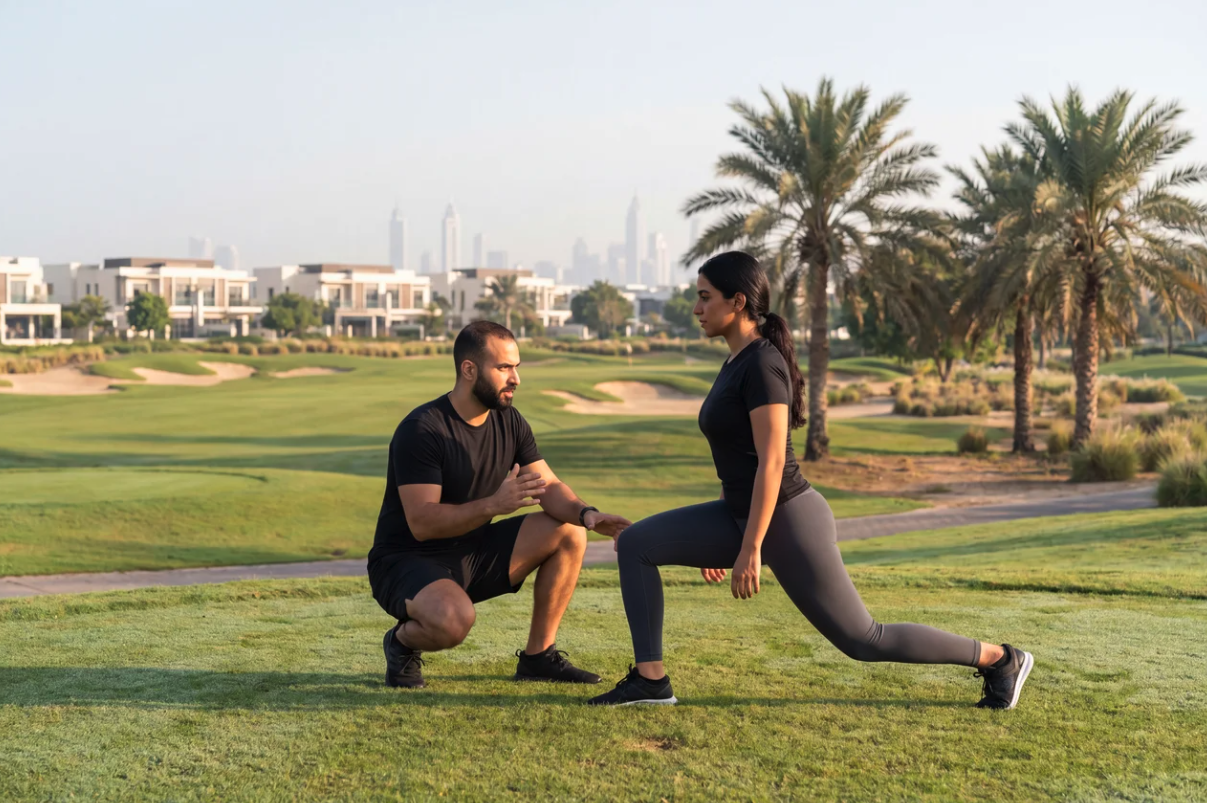 Personal trainer running outdoor cardio session at Dubai Hills Park with the manicured golf course visible in the background