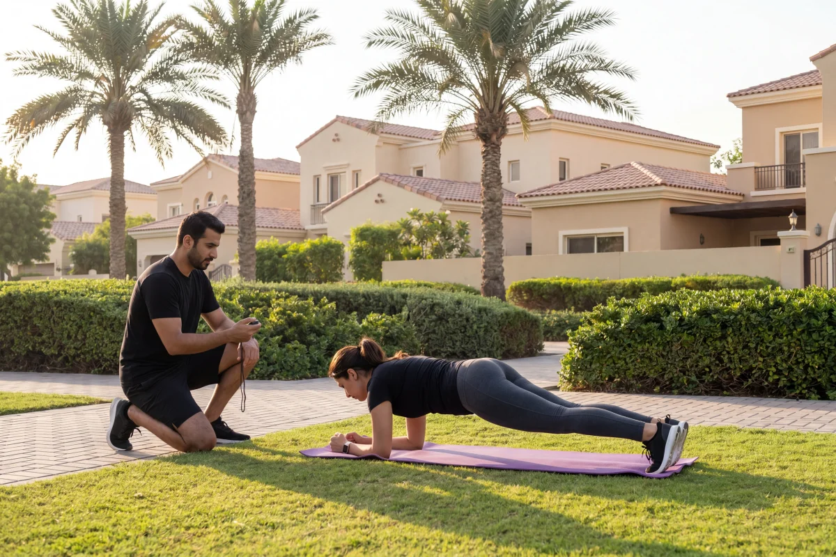 Personal trainer leading outdoor session at an Arabian Ranches community park between the residential villas