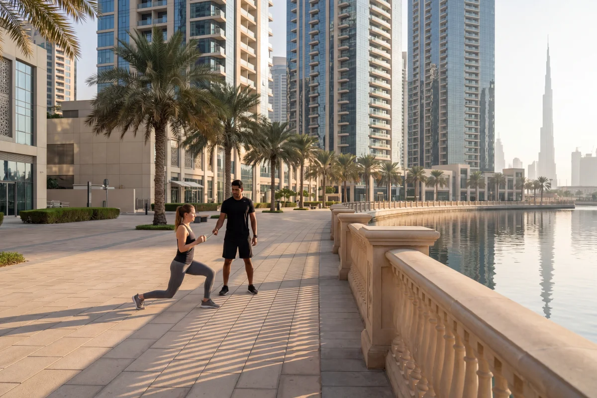 Personal trainer leading outdoor functional training session on the Dubai Water Canal walkway in Business Bay