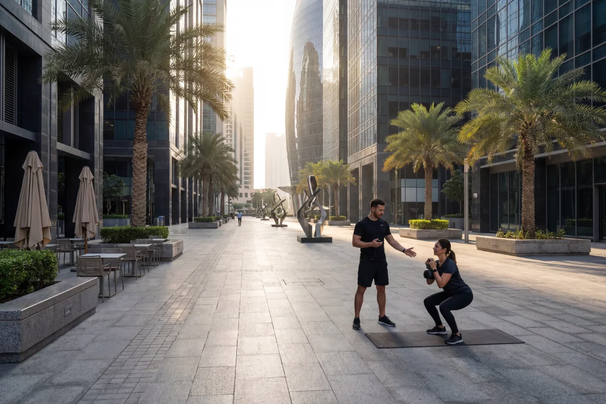 Personal trainer leading weekend outdoor functional training session at the DIFC Gate Avenue plaza