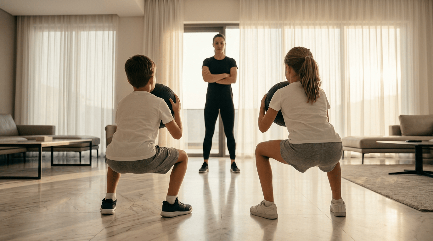 Kids personal training Dubai - children doing medicine ball squats with trainer at home
