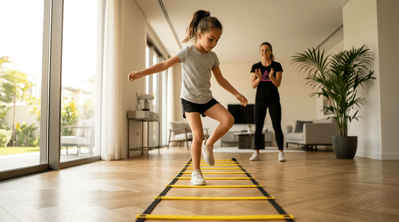 Kids agility training Dubai - girl on agility ladder with fitness trainer
