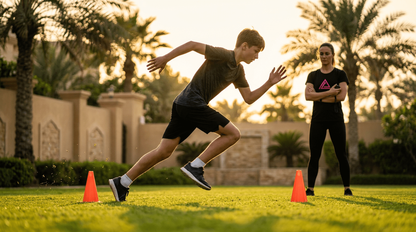 Kids sports performance training Dubai - outdoor conditioning with trainer