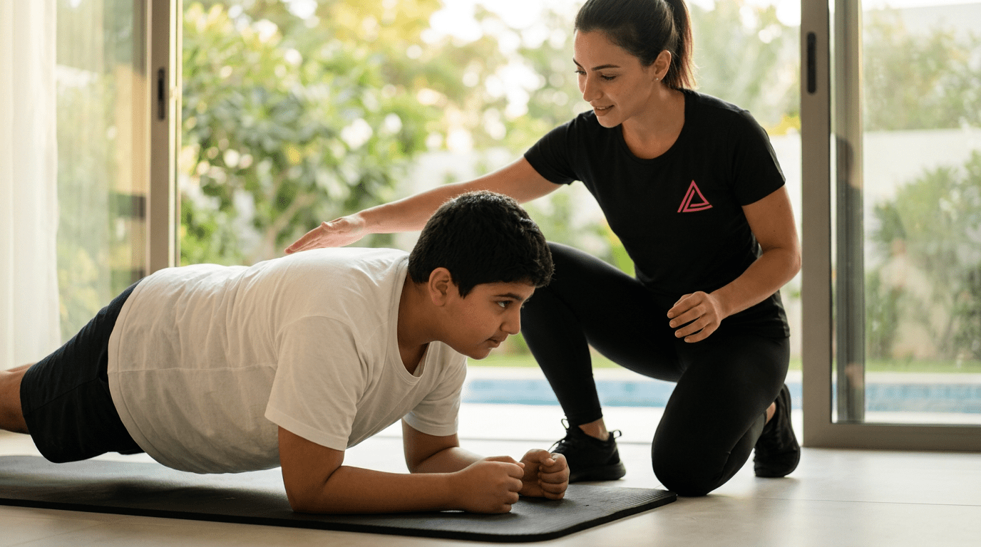 Kids weight management trainer Dubai - Emirati teen with personal trainer