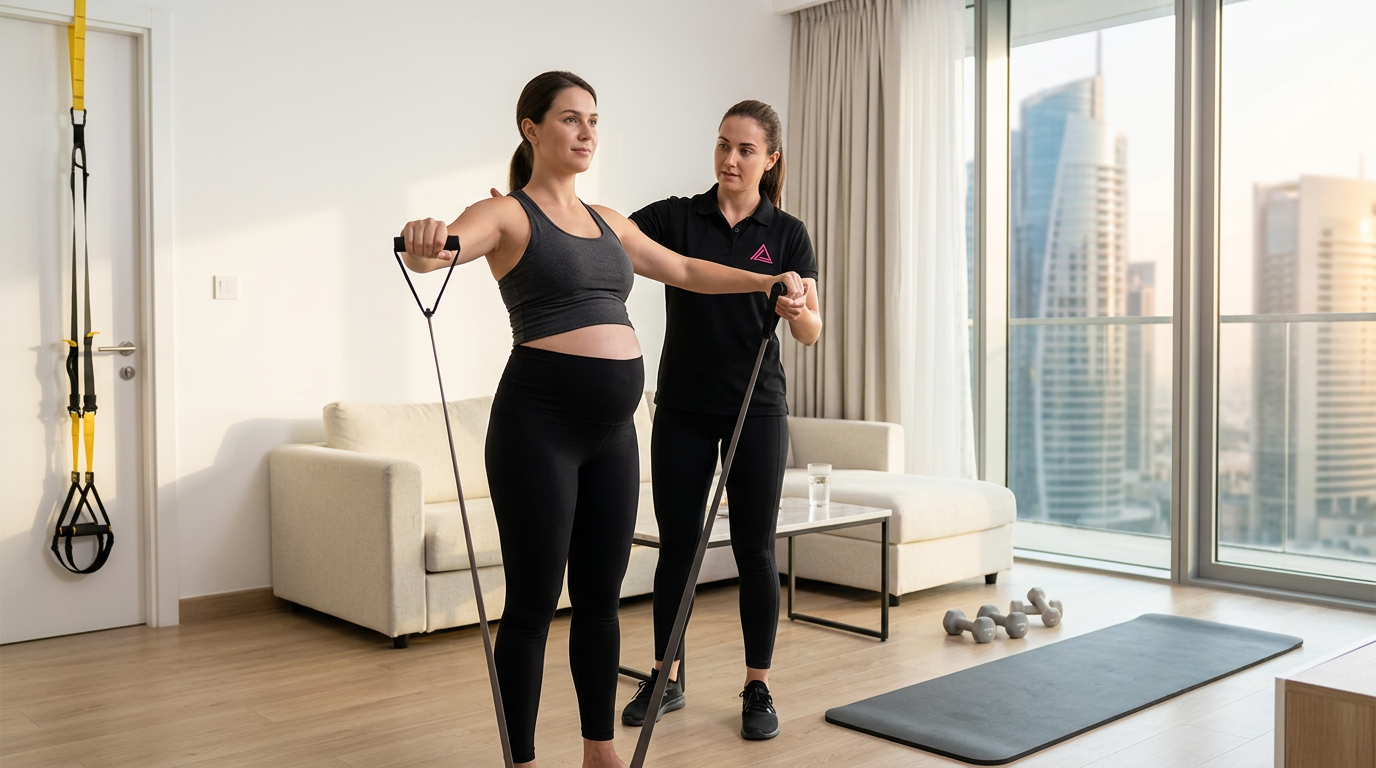 Pregnant woman doing strength training at home in Dubai with personal trainer - prenatal fitness