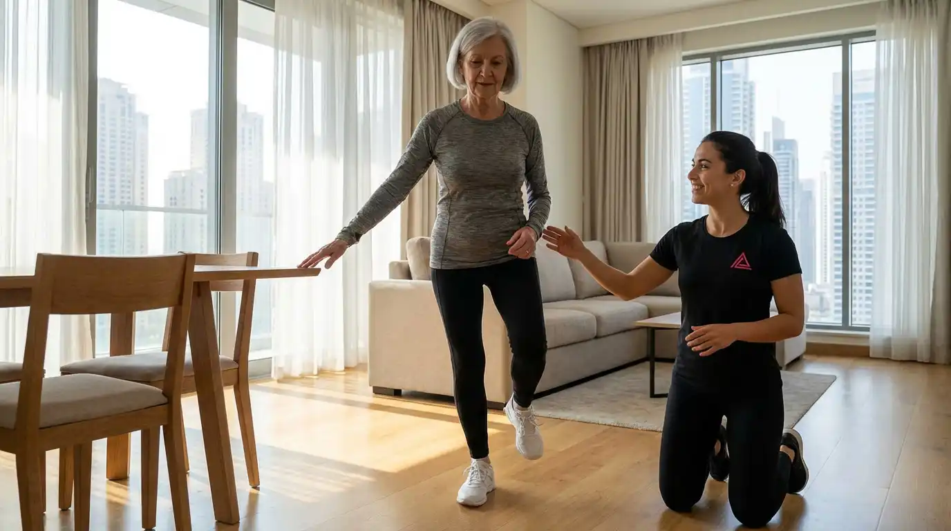 Balance training for elderly Dubai - senior personal trainer teaching fall prevention exercises at home