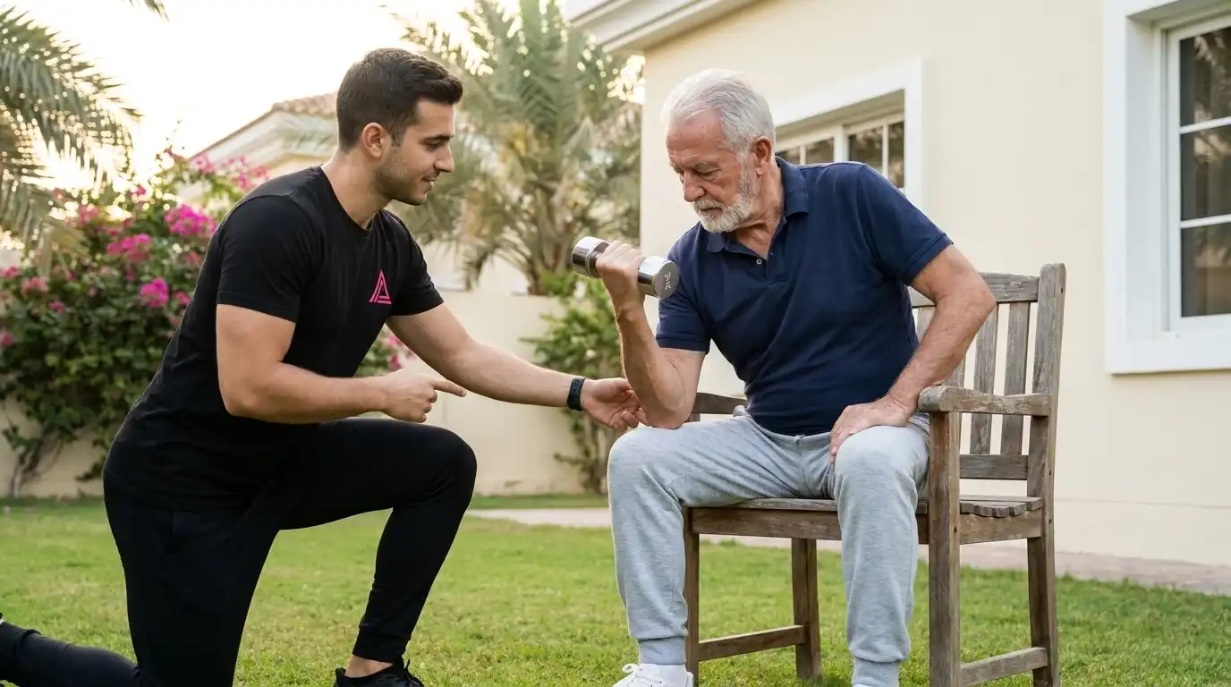 Senior strength training Dubai - resistance training for bone density in villa garden