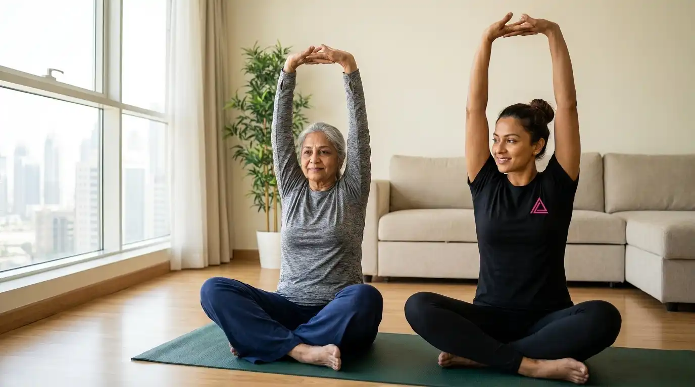 Mobility and flexibility training for seniors Dubai - guided stretching session for elderly client