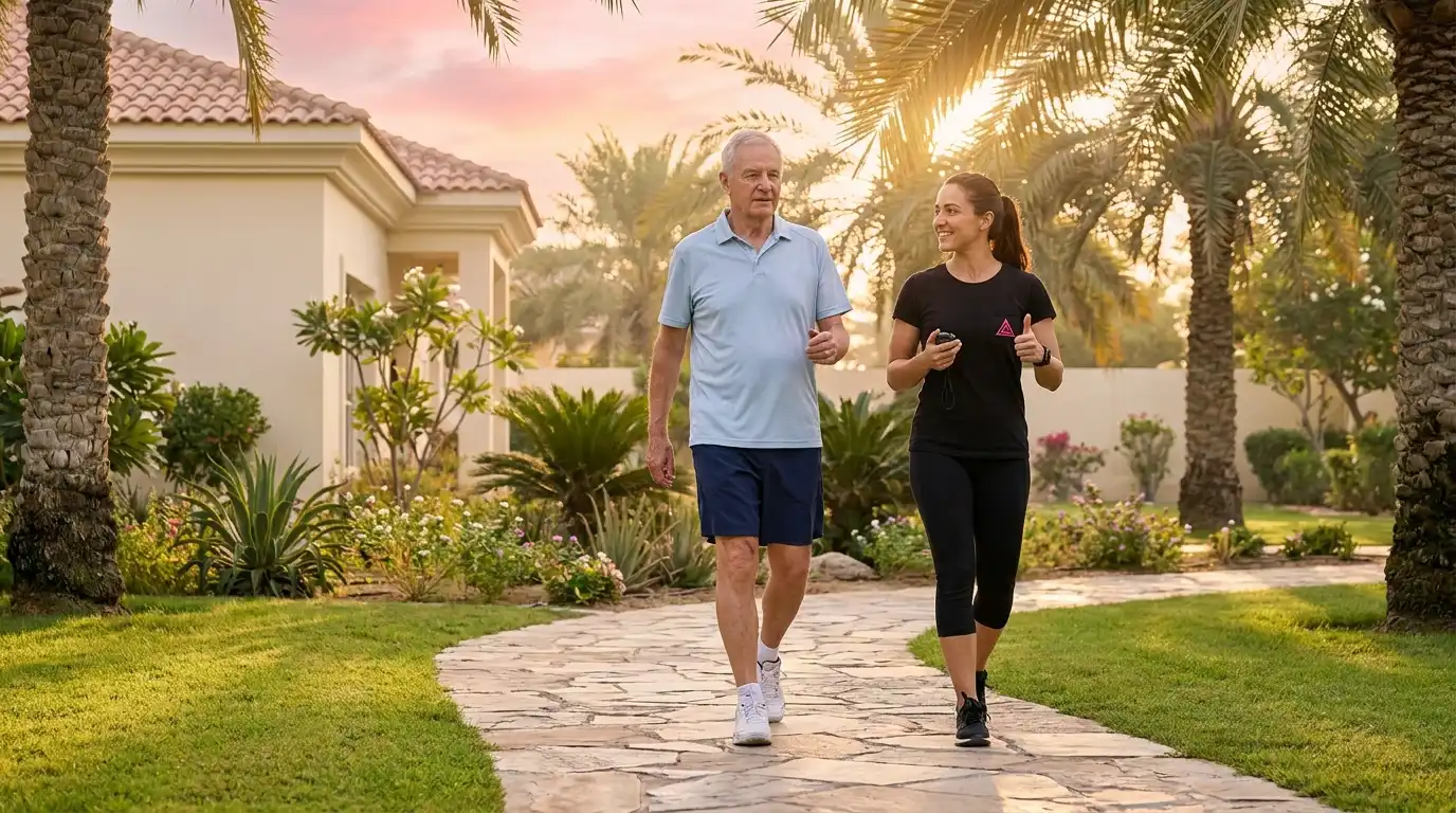 Outdoor senior walking and mobility sessions in Dubai - elderly client on supported walk along Dubai beachside promenade