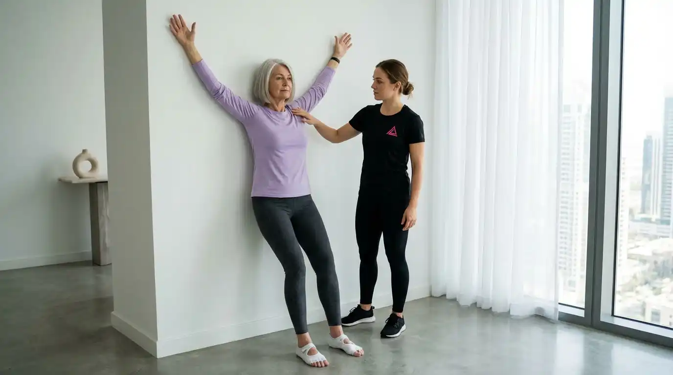 Posture and core training for elderly Dubai - wall posture correction exercise with senior trainer