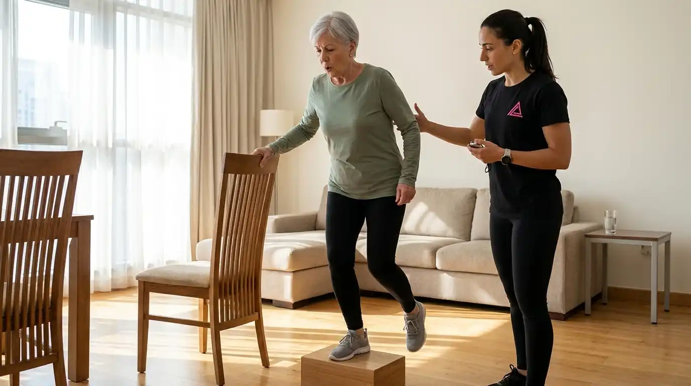 Low-impact cardio for seniors Dubai - supported step-up training with senior personal trainer at home