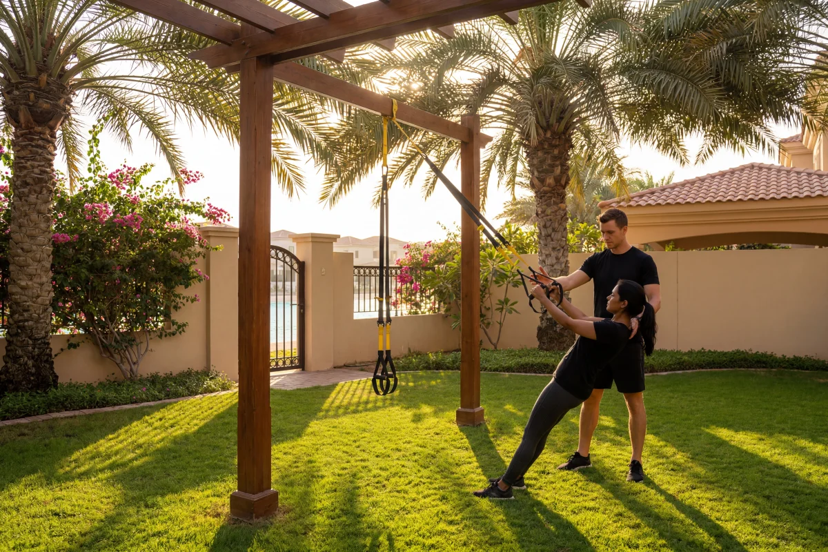 Personal trainer leading TRX suspension training session in a private Frond villa garden on Palm Jumeirah