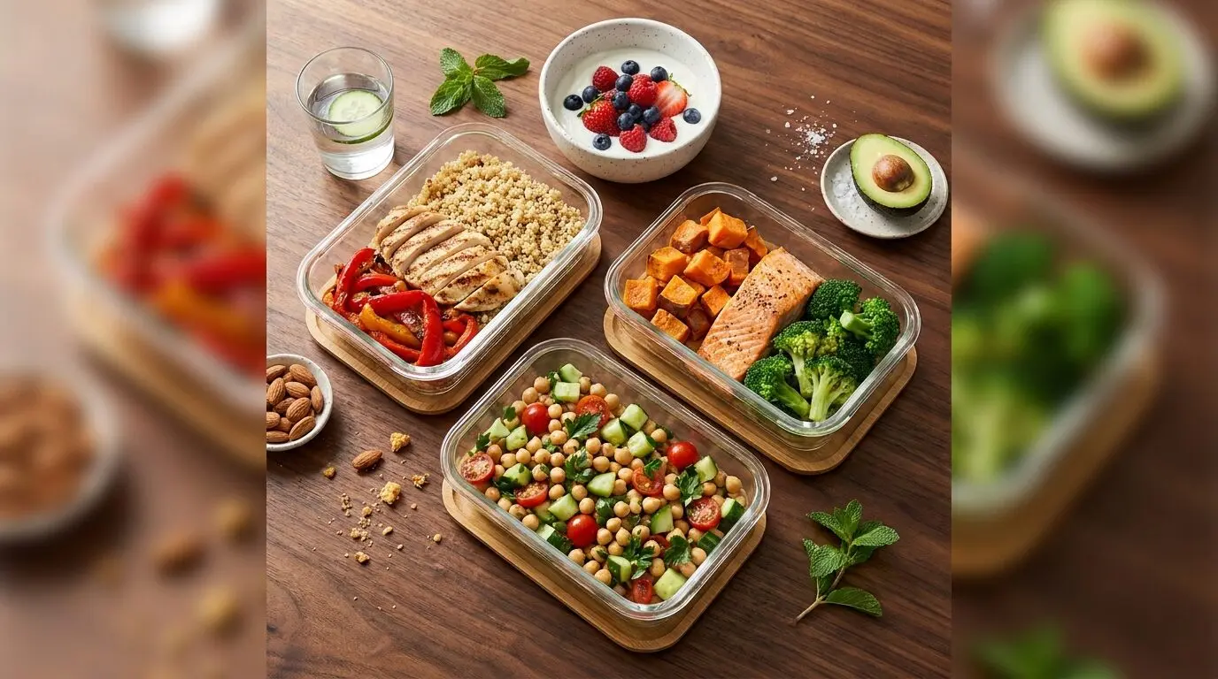 Healthy meal prep with grilled chicken, quinoa, and vegetables for a 1 month weight loss diet plan in Dubai