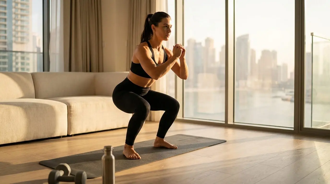 Beginner doing a bodyweight cardio workout at home in a Dubai apartment
