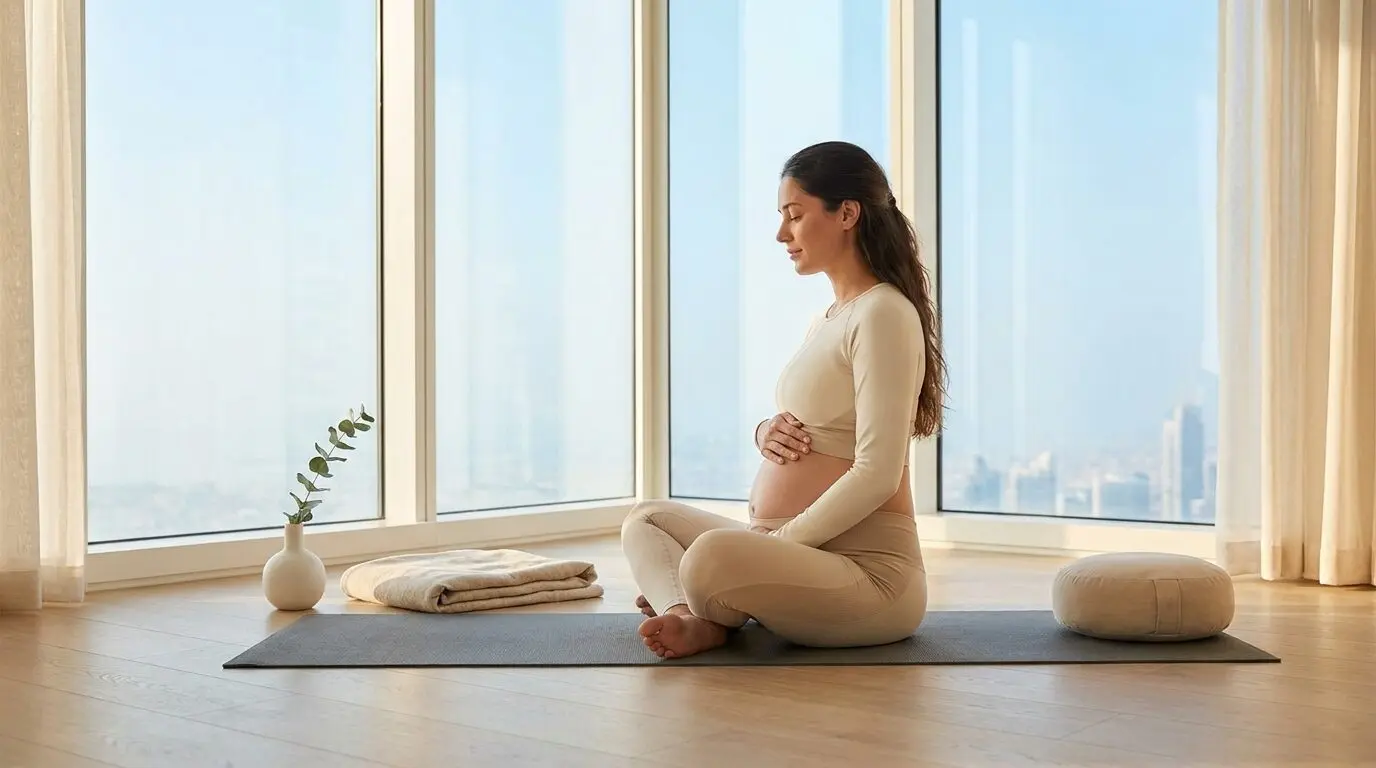 Pregnant woman practising prenatal yoga at home in Dubai with a qualified instructor