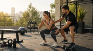 Personal trainer helping a client with a workout in Dubai